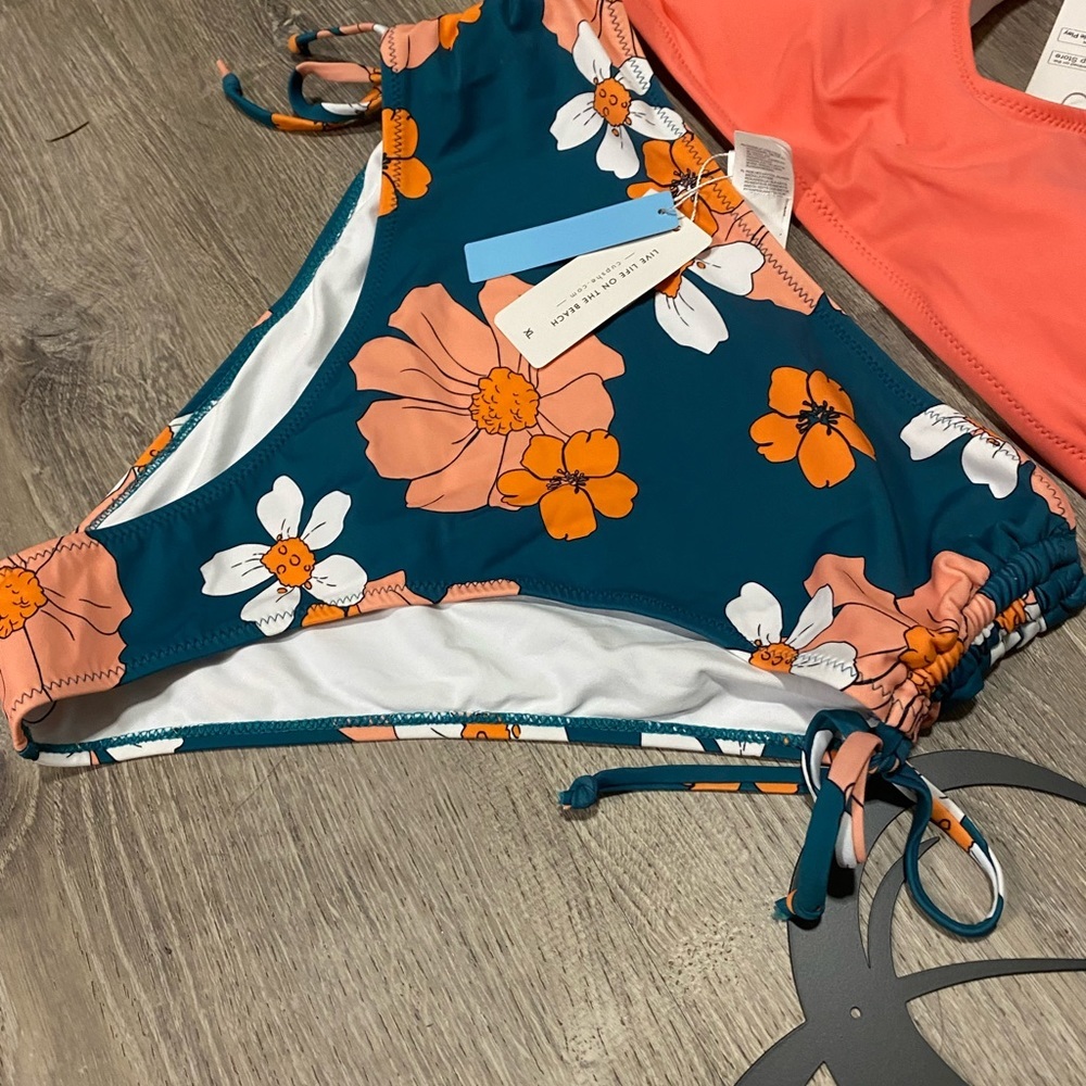 Cupshe Floral Bikini Set XL | Coral Tie Back Swimwear Tropical NWT - Picture 3 of 4